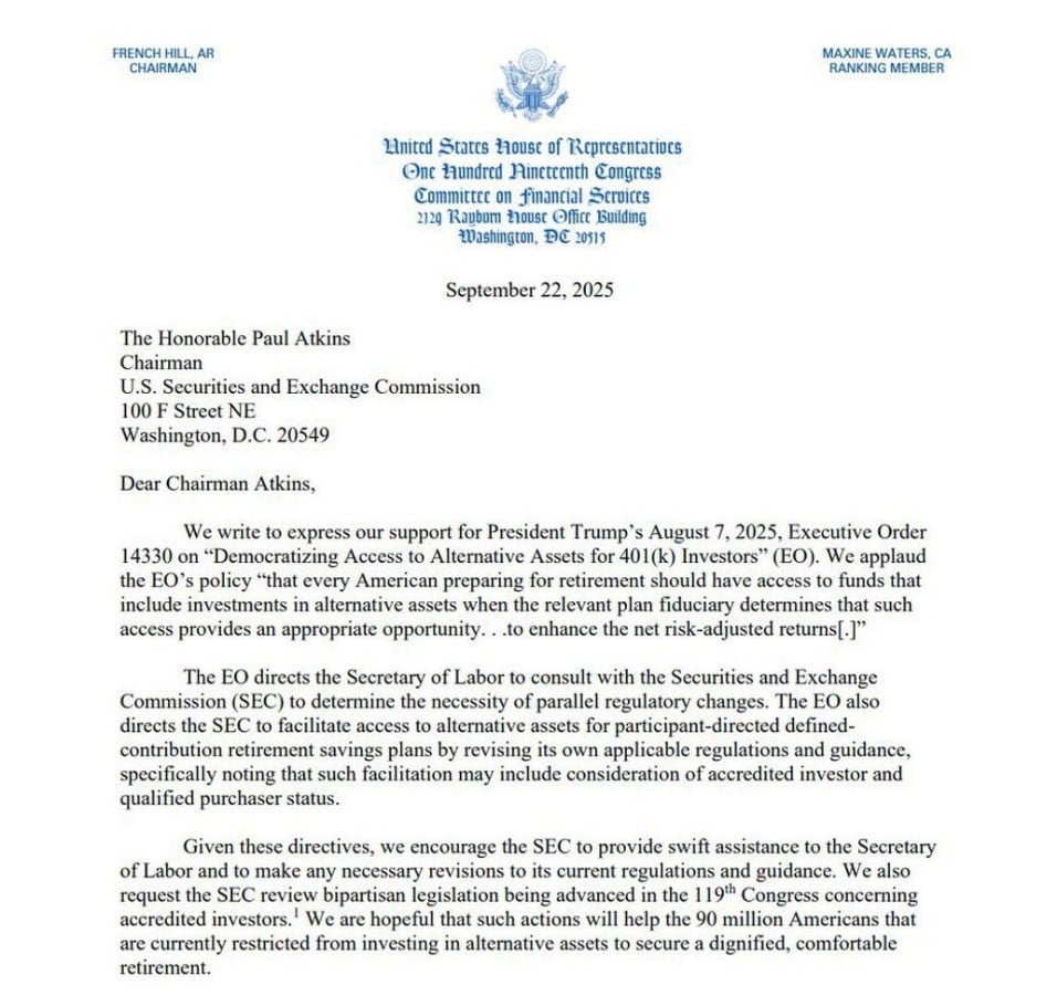 Letter to SEC on Trump's 401(k) Crypto Order. Source: U.S. Congress
