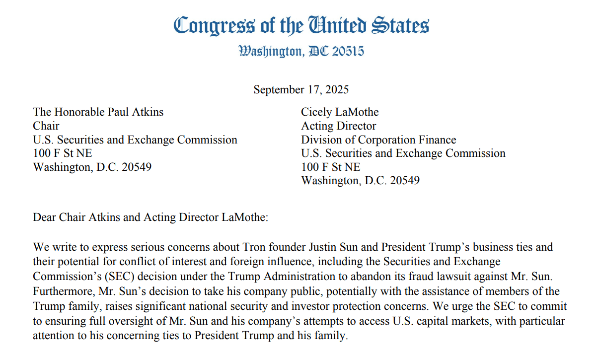 US Lawmakers Raise Concerns Over TRON IPO, Justin Sun's Trump Ties and SEC Enforcement Pause 2 TRON