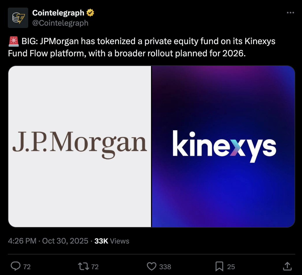 JPMorgan tokenizes private equity fund through Kinexys