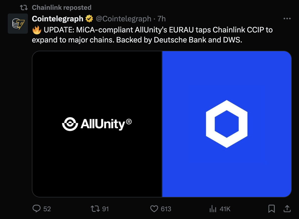 Deutsche Bank and DWS-Backed EURAU expands via Chainlink