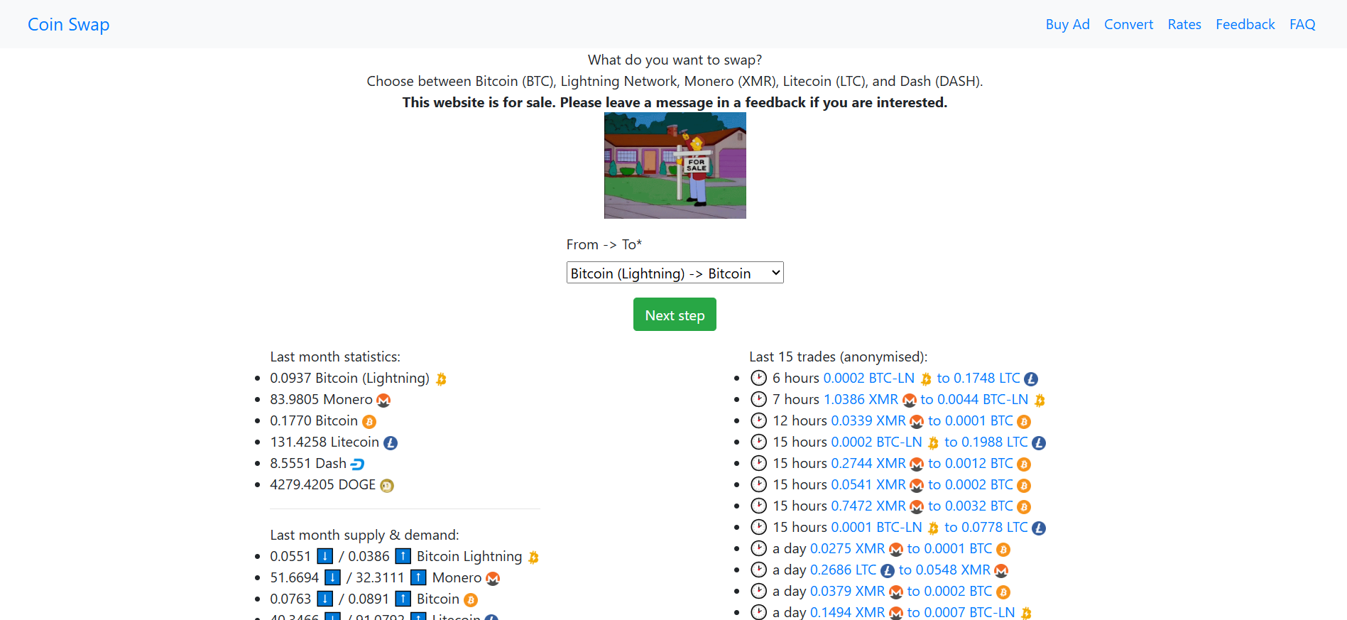 Coin Swap lightweight no KYC crypto platform supporting BTC Lightning Network and Monero swaps.
