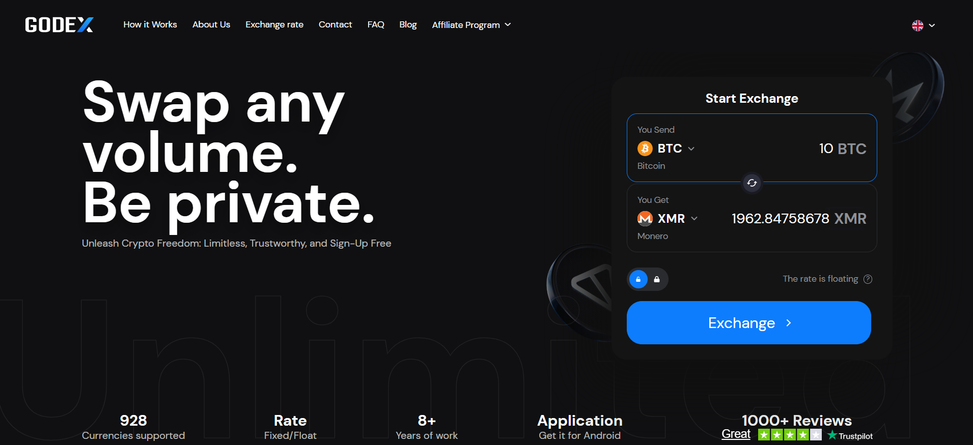 Godex anonymous crypto platform homepage featuring 928 supported cryptocurrencies and instant swap interface.