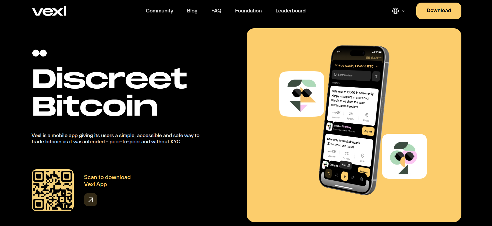 Vexl mobile app for no KYC crypto platform enabling peer-to-peer BTC trading through social contacts.